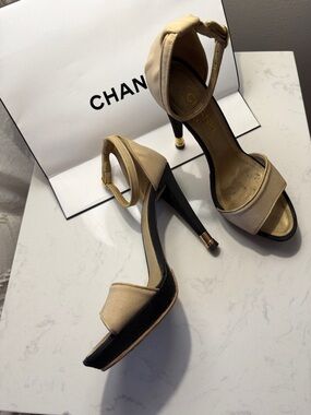 CHANEL Beige and Black  SATIN Ankle-Strap Stilettos with Gold Accents from 2001